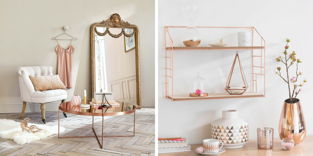 Still Crushing On Copper In 2017 - Comte Copper-Plated Metal Mirror Coffee Table, Lulea Copper Metal Wall Shelf & Copper Glass Vase - MaisonsDumonde.com