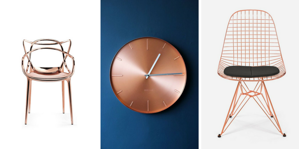 Still Crushing On Copper In 2017 - Kartell Metal Masters Chair LoveTheSign.com, Round Copper Wall Clock RockettStGeorge.co.uk, Case Study Wire Chair Eiffel – Copper Modernica.net