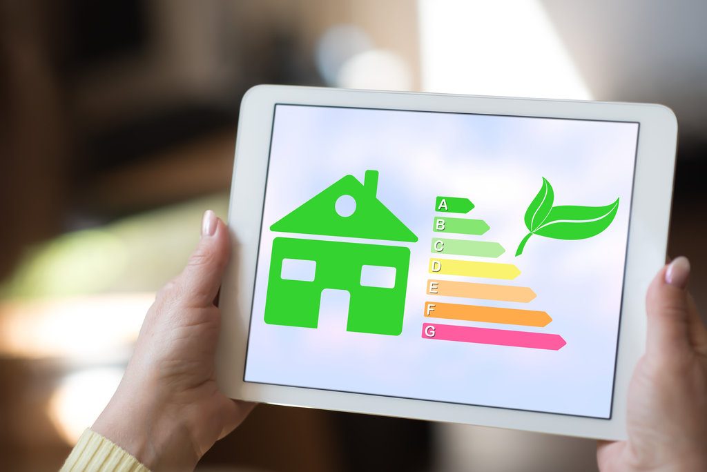 Tablet screen displaying a home energy efficiency concept