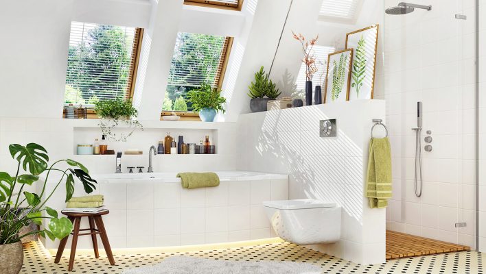 White luxury bathroom with bathtub and shower with plants and skylight