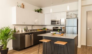 Grey kitchen with vinyl flooring