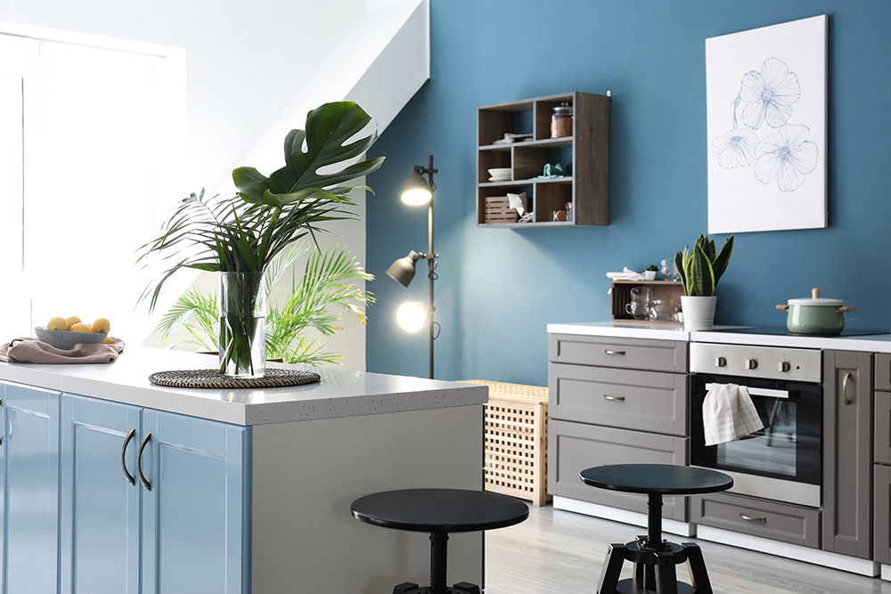 Stylish grey cupboard kitchen with blue walls