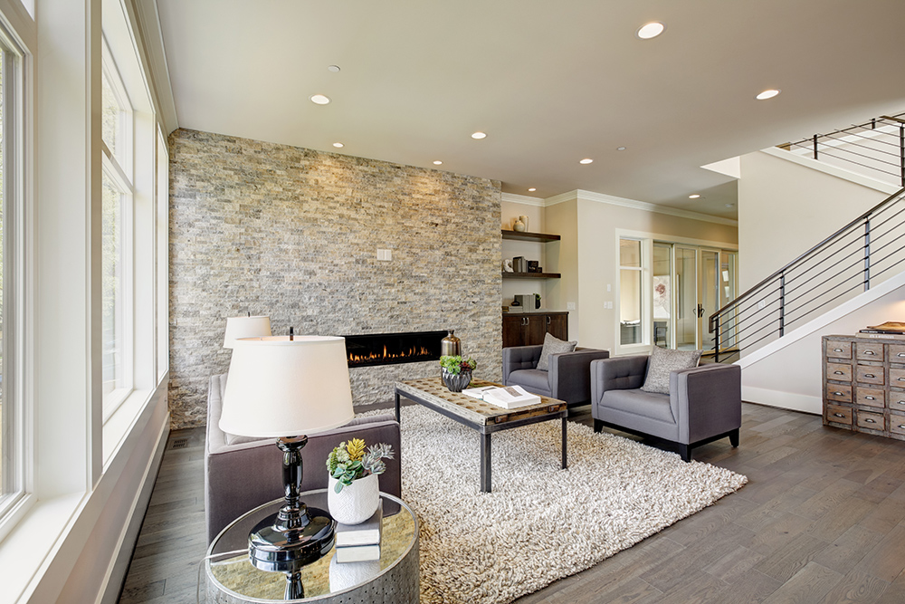 Stone wall and fireplace in livingroom