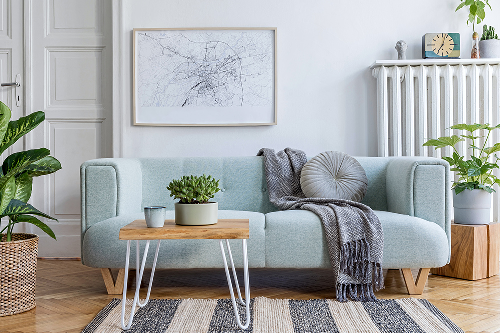 Scandinavian living room with sylish column radiator