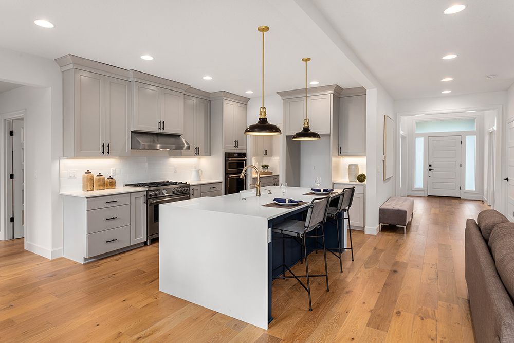 Large kitchen with island and wooden flooring