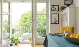 Apartment with a balcony decorated with plants. Bowl of lemons on a table.