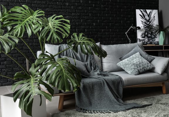 Dark living room with black brick wall, large tropical plant and grey furnishings