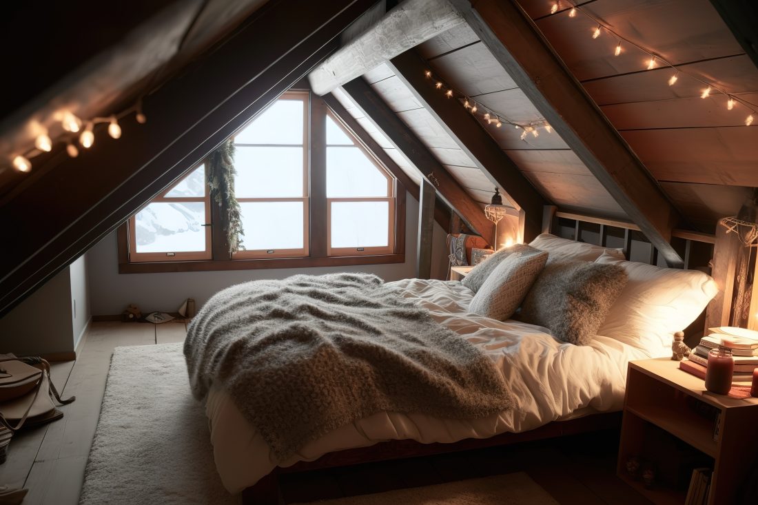 Cosy loft bedroom with fairy lights, wooden floor, white rug and wooden ceiling.